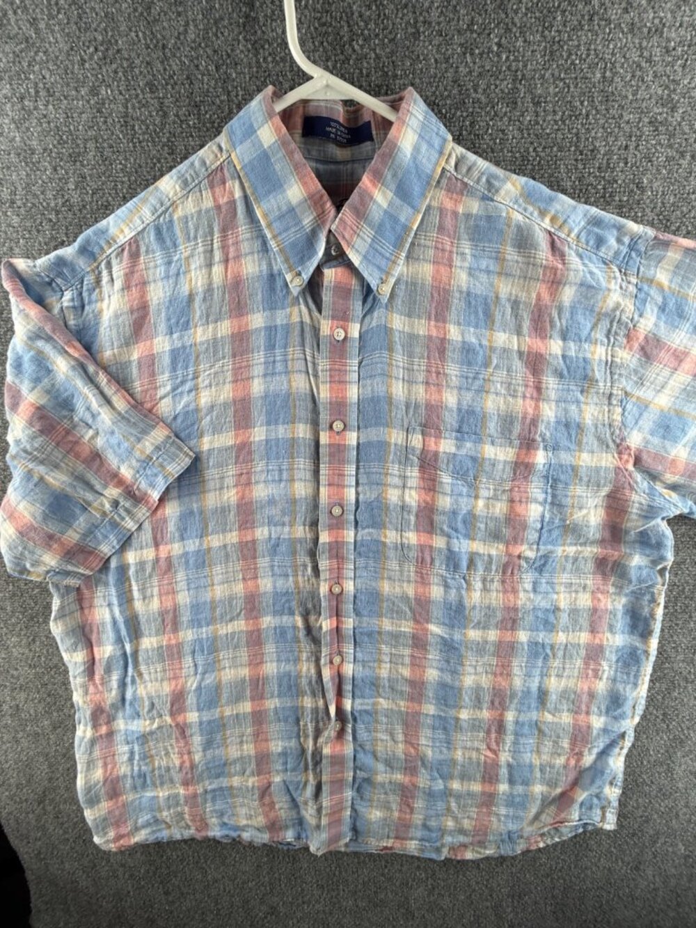 Alan Flusser Linen Short Sleeve Plaid Blue Pink Button Up Shirt Men XL Woven